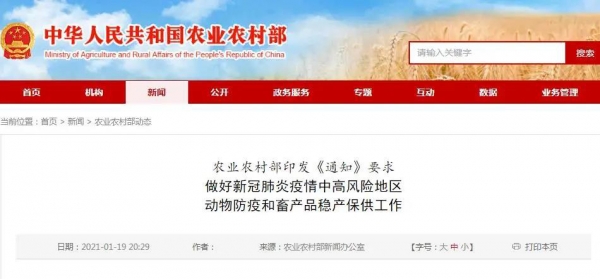 農(nóng)業(yè)農(nóng)村部印發(fā)《通知》要求：做好新冠肺炎疫情中高風險地區(qū) 動物防疫和畜產(chǎn)品穩(wěn)產(chǎn)...